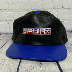 Vintage Leather Hat Cap Strap Back Black Blue Spur Petroleum Trucker Oilfield
